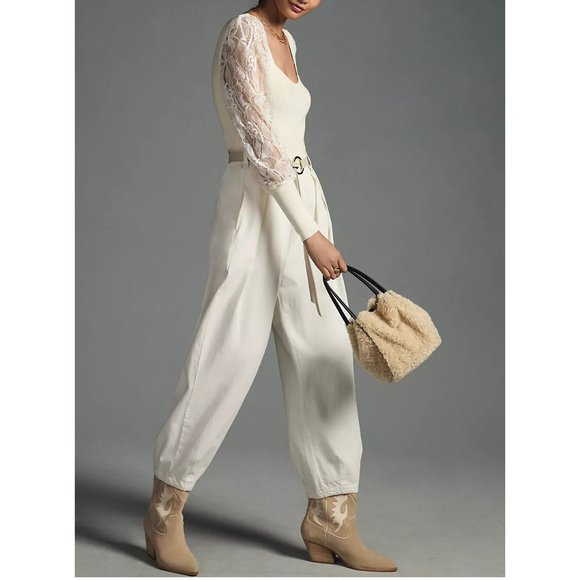 By Anthropologie Lace-Sleeve Sweater Blouse Ivory Cream White - Large - Picture 10 of 10